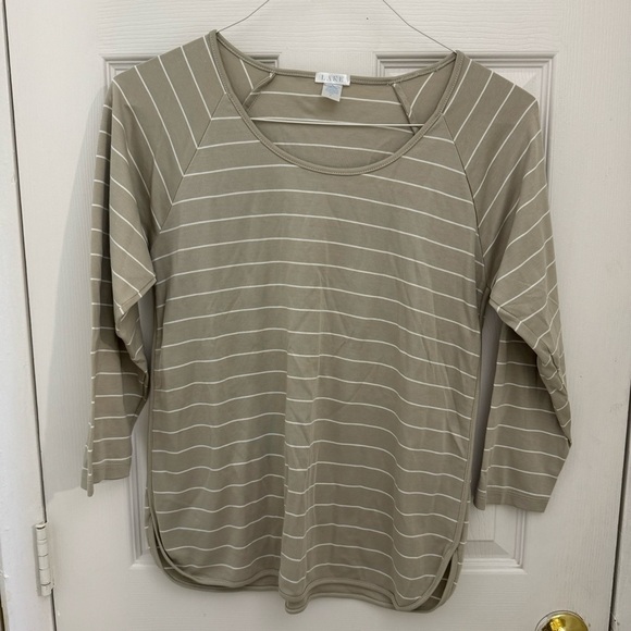 LAKE 100% Pima Cotton Pajama Shirt Size Small Tan Striped Scoop Neck Long Sleeve - Picture 1 of 4